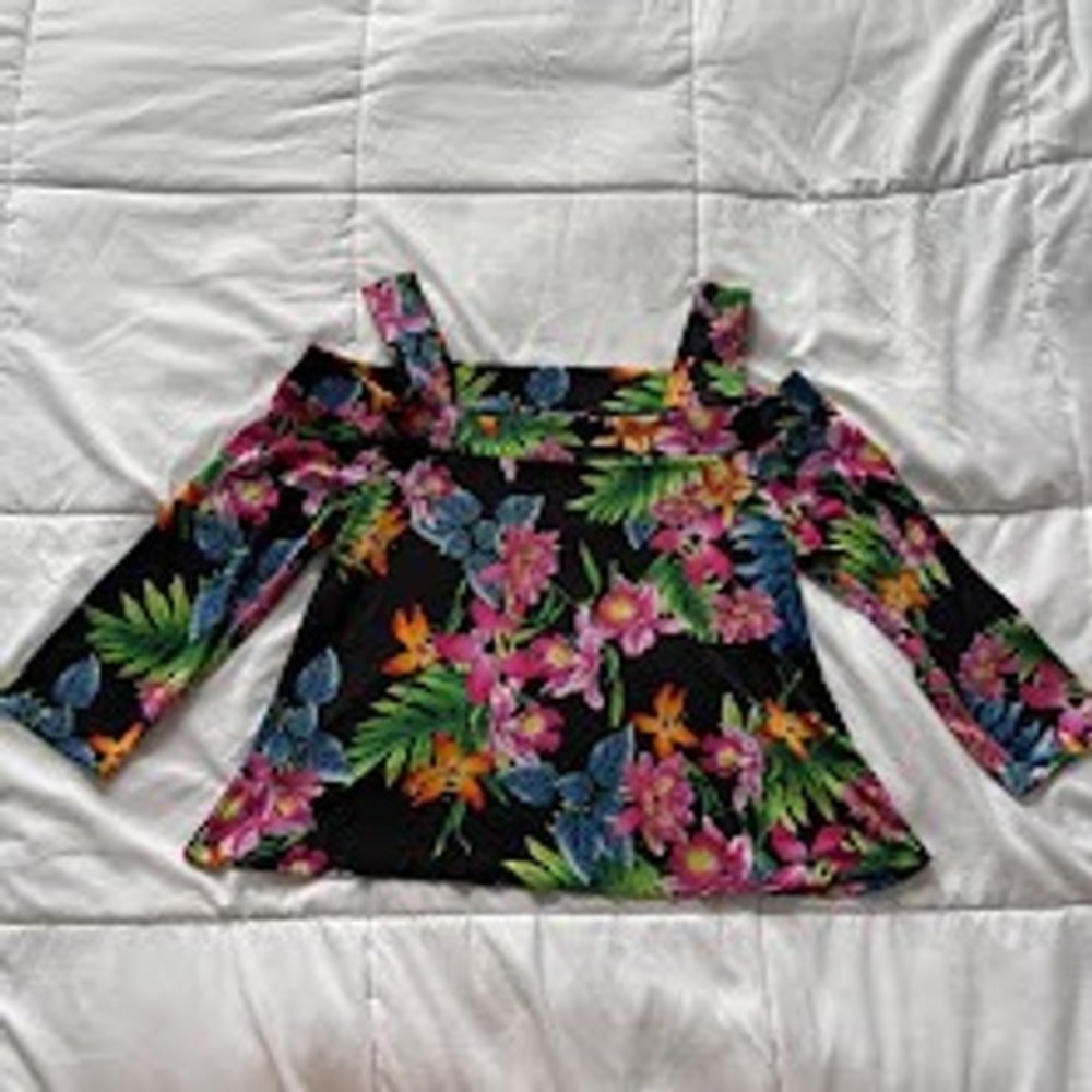 Cha Cha Vente Tropical Floral Cold Shoulder Top Black Pink Womens Medium Beachy